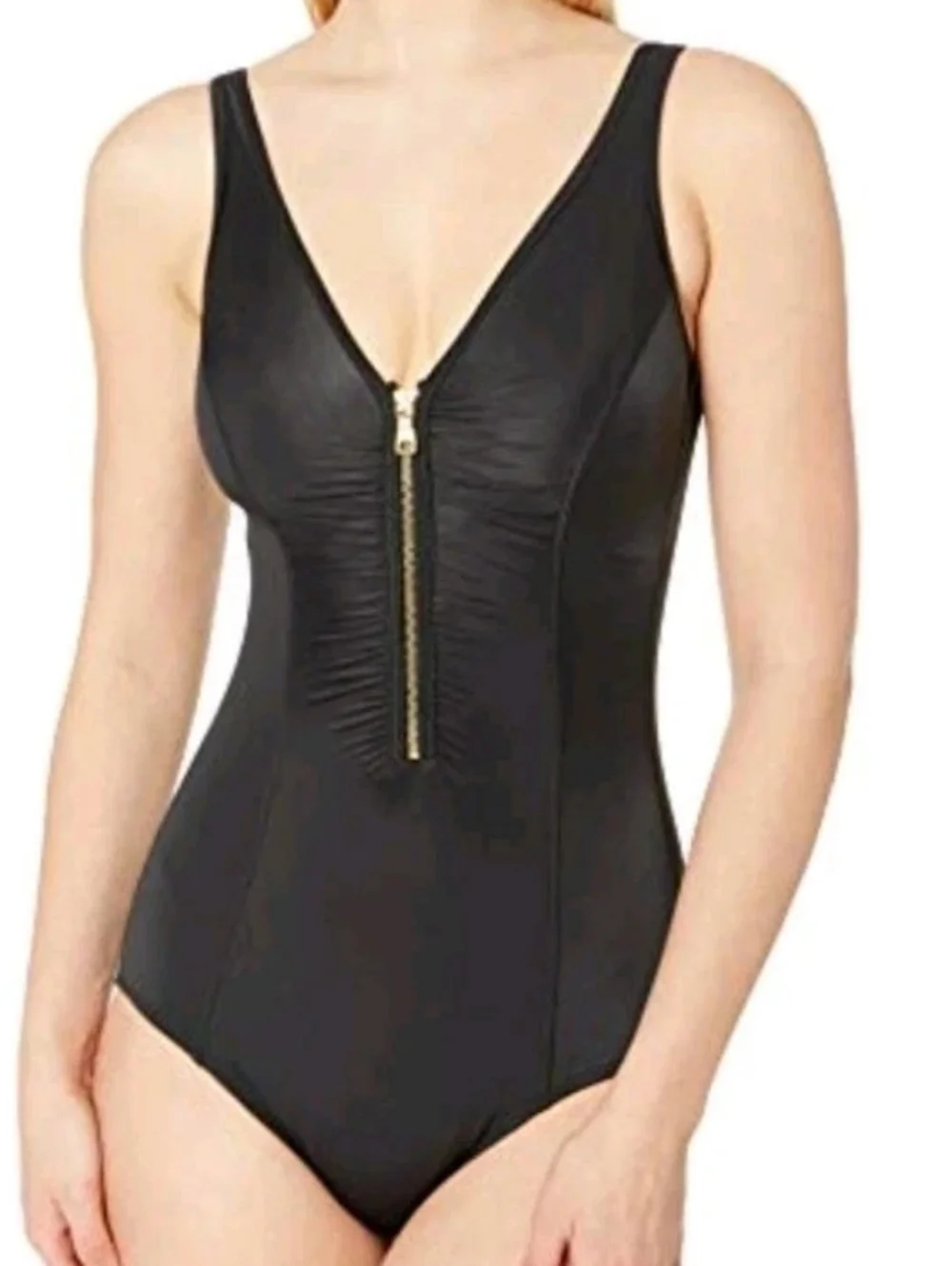 Coastal Blue Shirred Zip Front Swimsuit Sz 22/24W Black Wireless Tummy Control